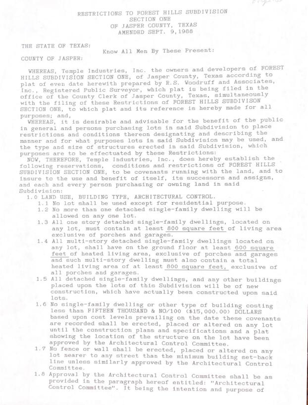 Documents FOREST HILLS SUBDIVISION SECTION I LAKE SAM RAYBURN